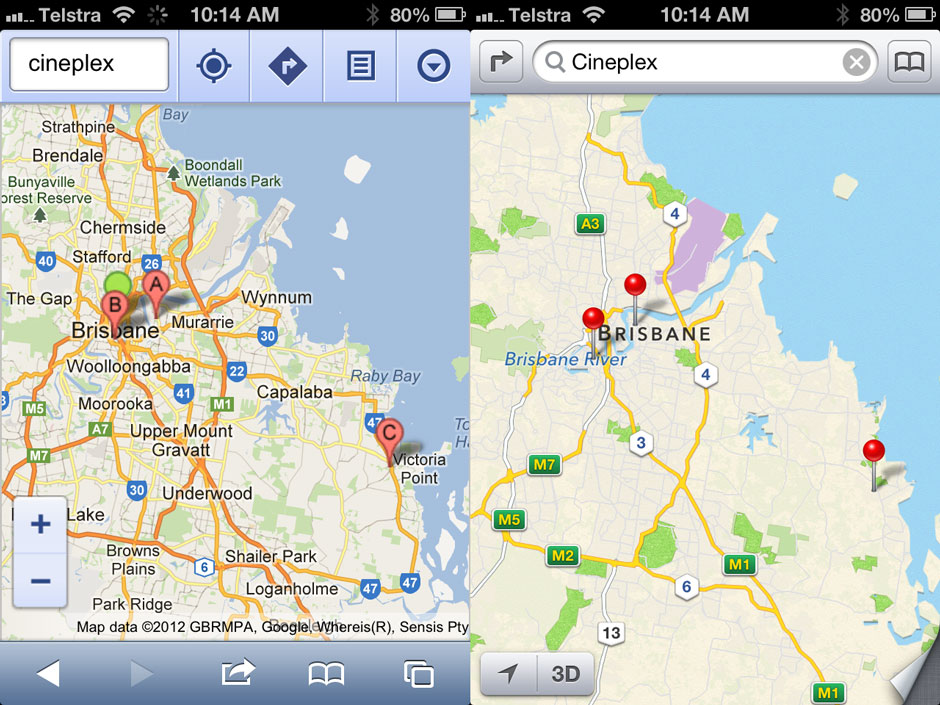 Apple iOS 6 maps vs google maps