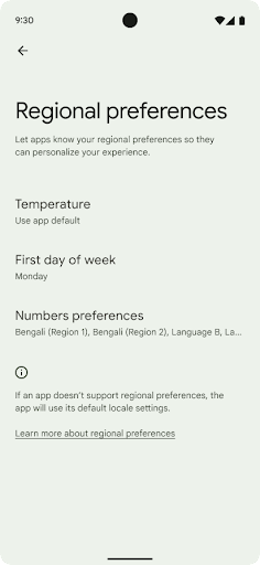 Regional preferences screen in Android system settings
