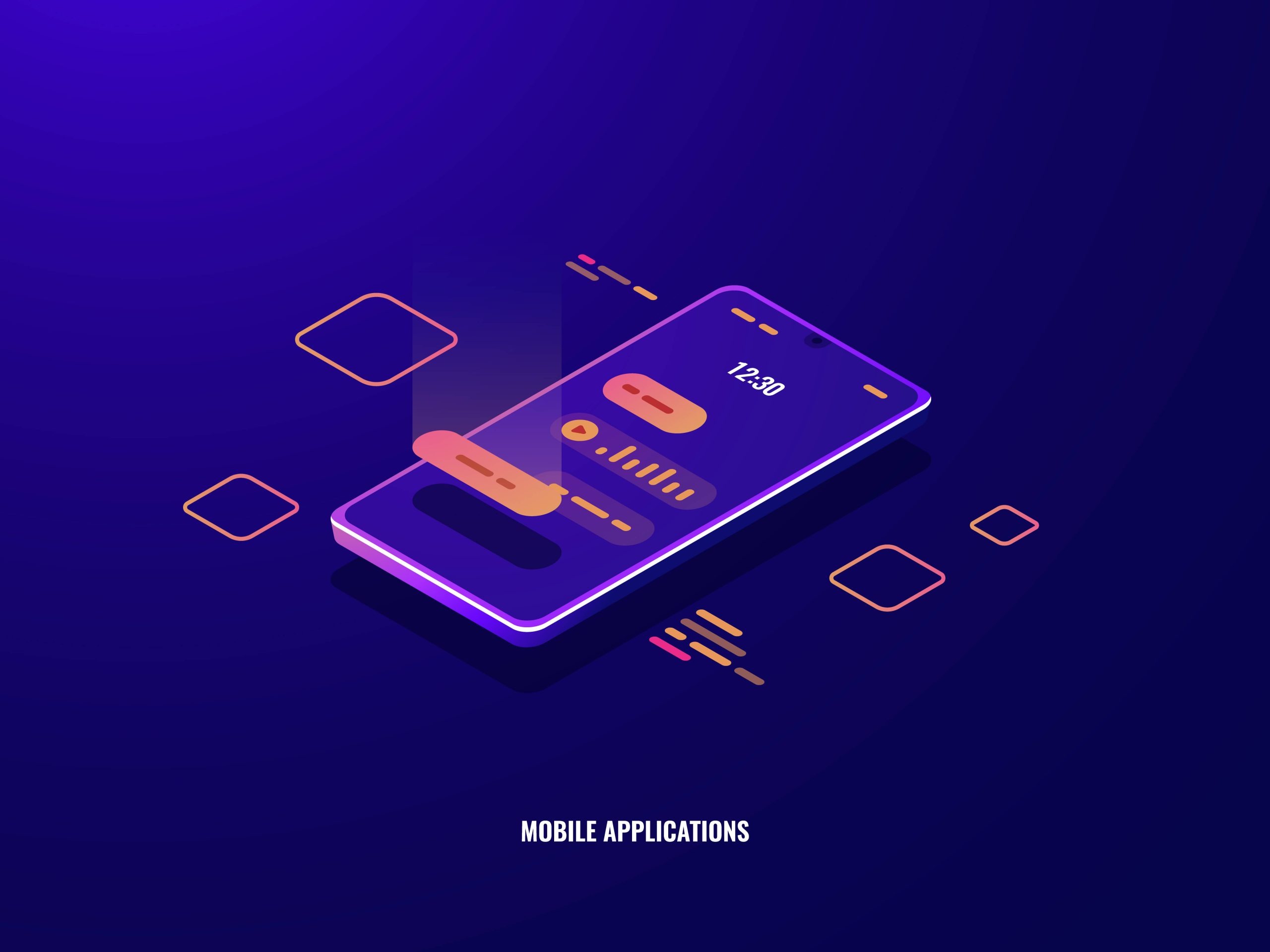 Purple background with a vector design of a mobile device with some icons